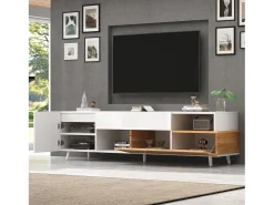 Suporte para TV branco brilhante - Suporte para TV com 2 portas e 1 gaveta - 2 espaços de arrumação semi-abertos