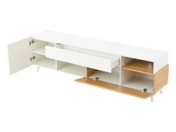 Suporte para TV branco brilhante - Suporte para TV com 2 portas e 1 gaveta - 2 espaços de arrumação semi-abertos