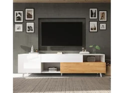 Suporte para TV branco brilhante - Suporte para TV com 2 portas e 1 gaveta - 2 espaços de arrumação semi-abertos