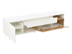Suporte para TV branco brilhante - Suporte para TV com 2 portas e 1 gaveta - 2 espaços de arrumação semi-abertos