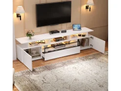 Suporte para TV branco brilhante - Suporte para TV com 2 portas e 1 gaveta - Iluminação LED e espaço de arrumação aberto