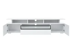 Suporte para TV branco brilhante - Suporte para TV com 2 portas e 1 gaveta - Iluminação LED e espaço de arrumação aberto