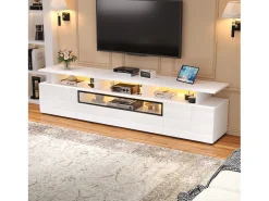 Suporte para TV branco brilhante - Suporte para TV com 2 portas e 1 gaveta - Iluminação LED e espaço de arrumação aberto