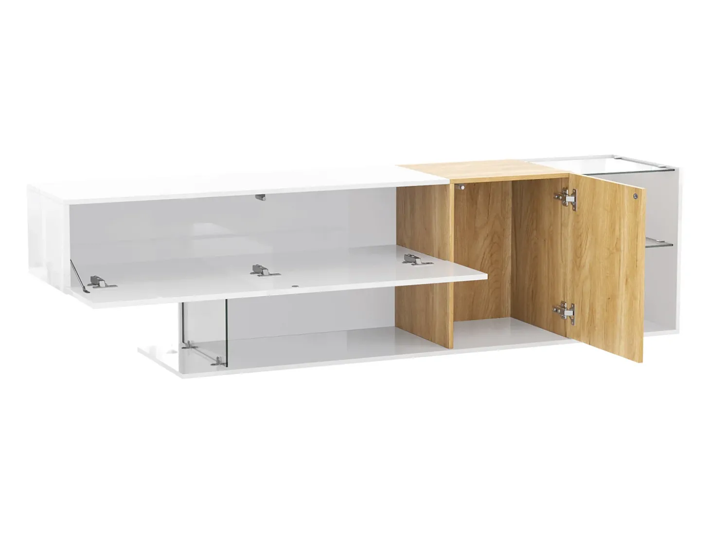 Suporte para TV Branco Brilhante - Suporte para TV com 2 portas e 3 compartimentos de arrumação abertos - prateleiras em vidro