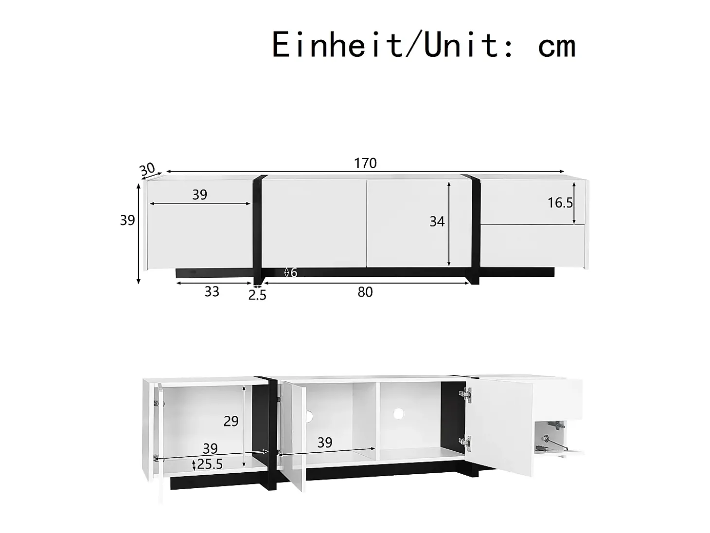 Suporte para TV branco brilhante - Suporte para TV com 1 gaveta e 4 portas - com iluminação LED - para sala de estar