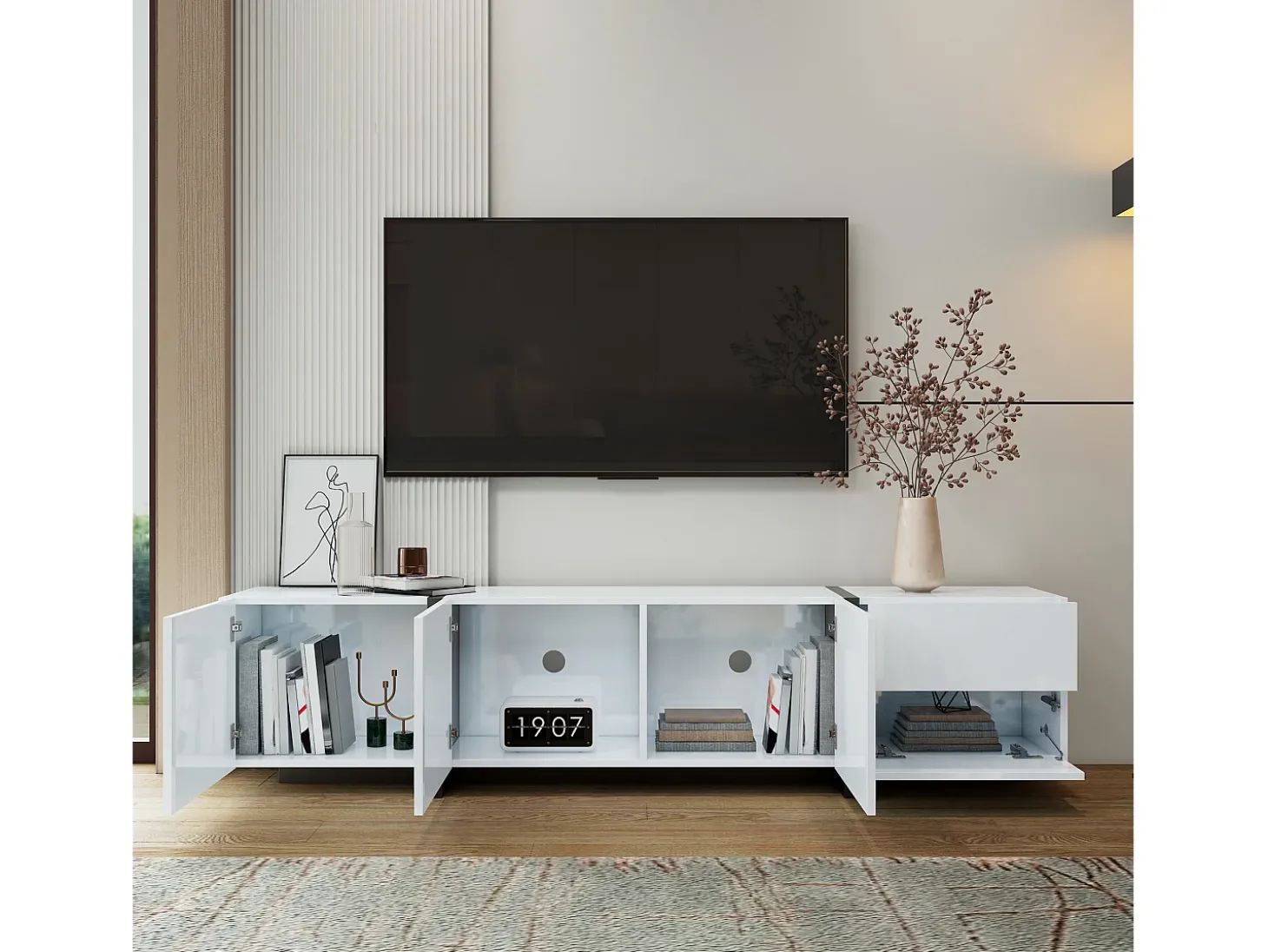 Suporte para TV branco brilhante - Suporte para TV com 1 gaveta e 4 portas - com iluminação LED - para sala de estar