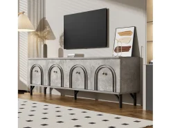 Suporte para TV cinzento com 4 portas arqueadas - Suporte para TV moderno - Pernas pretas - para sala de estar e escritório
