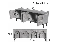 Suporte para TV cinzento com 4 portas arqueadas - Suporte para TV moderno - Pernas pretas - para sala de estar e escritório