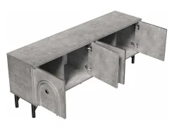 Suporte para TV cinzento com 4 portas arqueadas - Suporte para TV moderno - Pernas pretas - para sala de estar e escritório