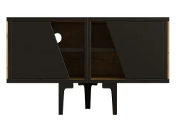Suporte para TV com 4 compartimentos - Portas inclinadas - Cor: madeira e preto