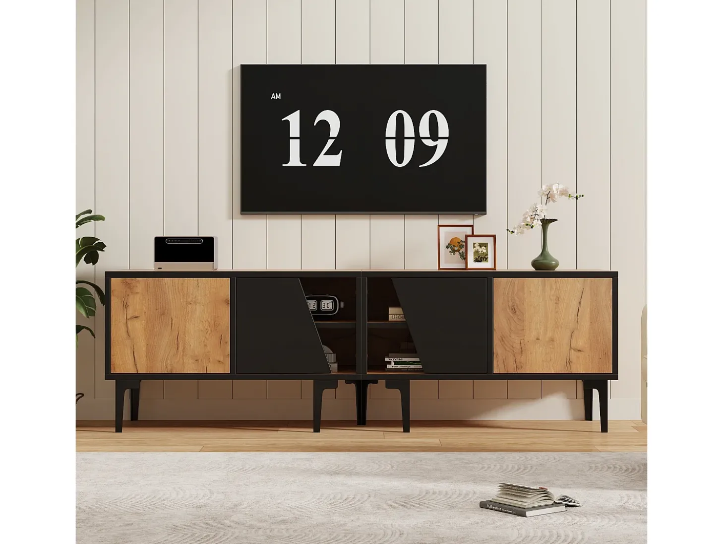 Suporte para TV com 4 compartimentos - Portas inclinadas - Cor: madeira e preto
