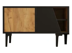 Suporte para TV com 4 compartimentos - Portas inclinadas - Cor: madeira e preto