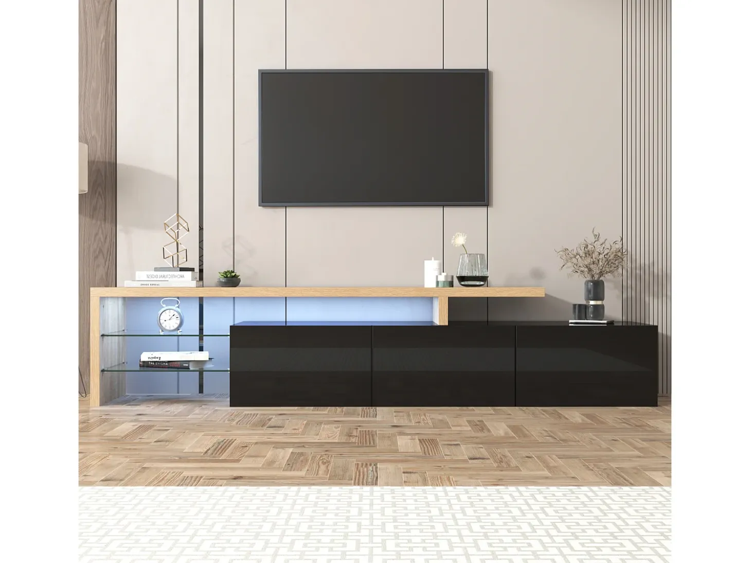 Suporte para TV com 7 cores de LED, 3 portas e prateleiras de vidro, tamanho ideal para sala de estar, preto.