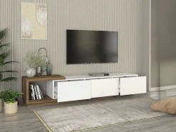 Suporte para TV com 3 gavetas e 1 prateleira - Branco e natural - DUKIAN