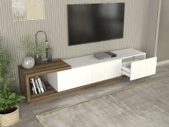 Suporte para TV com 3 gavetas e 1 prateleira - Branco e natural - DUKIAN