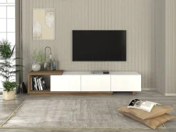 Suporte para TV com 3 gavetas e 1 prateleira - Branco e natural - DUKIAN