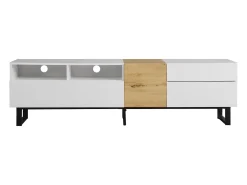 Suporte para TV com 2 gavetas e 2 portas - pés em metal - cor branco e madeira