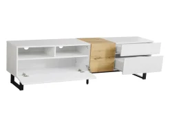 Suporte para TV com 2 gavetas e 2 portas - pés em metal - cor branco e madeira