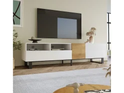 Suporte para TV com 2 gavetas e 2 portas - pés em metal - cor branco e madeira