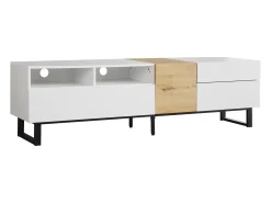 Suporte para TV com 2 gavetas e 2 portas - pés em metal - cor branco e madeira