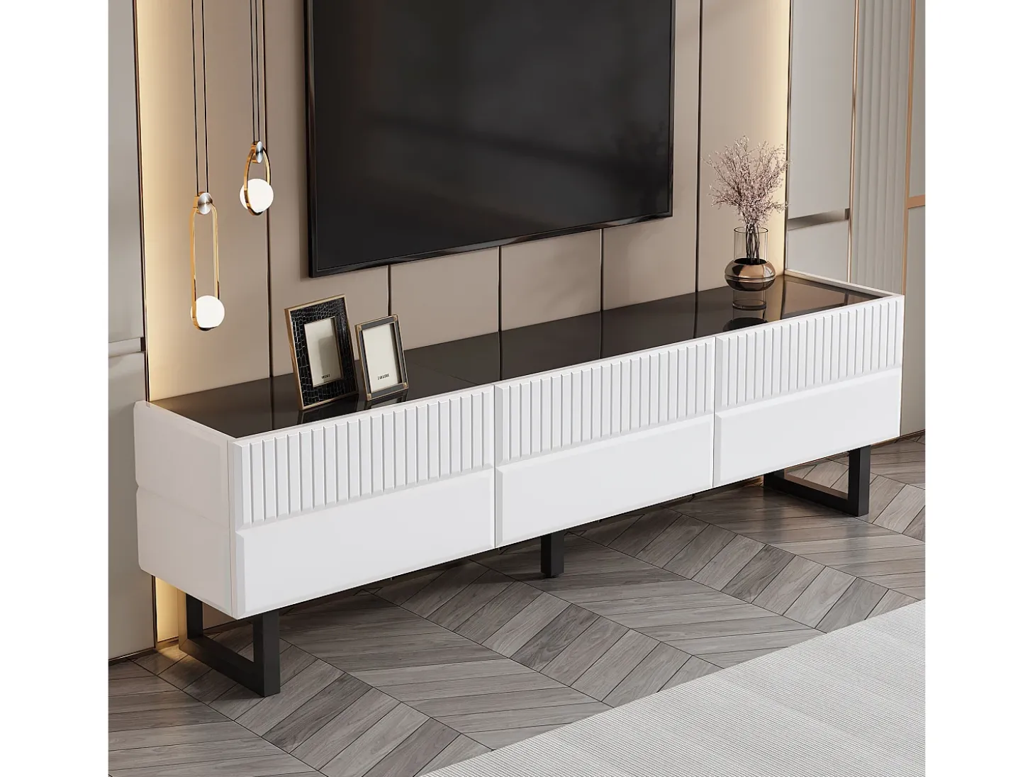 Suporte para TV com 3 gavetas - Design clássico em preto e branco - Tampo com acabamento brilhante