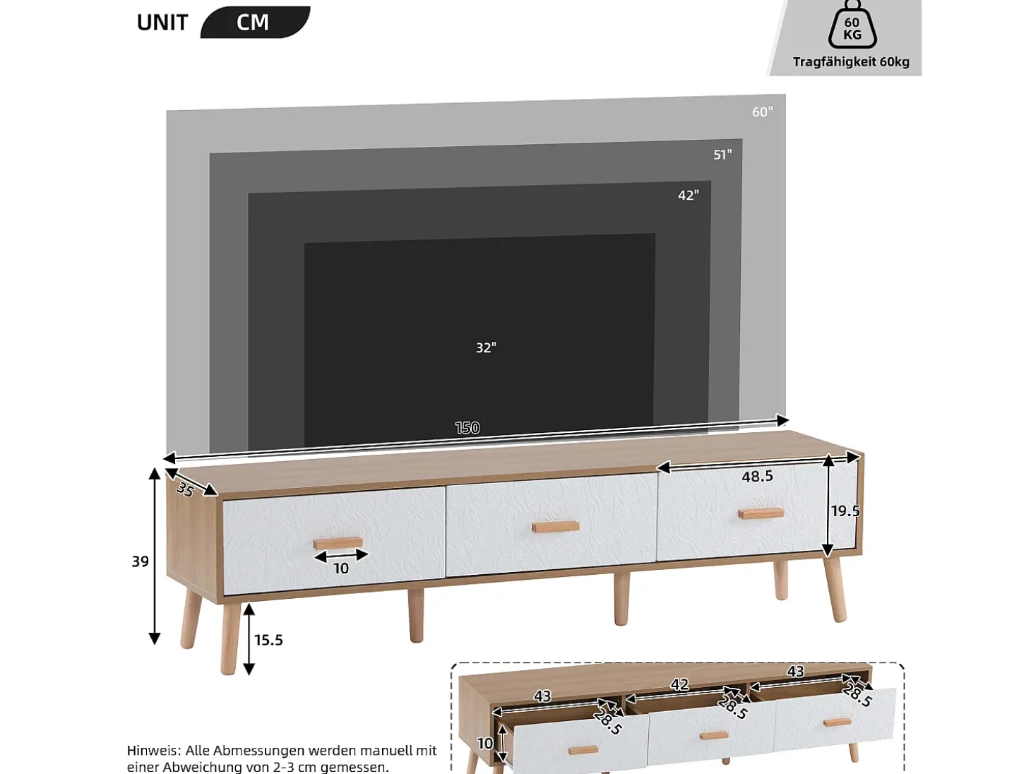 Suporte para TV com 3 gavetas - Painel da porta texturado branco - Cor natural 150x35x39cm