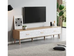 Suporte para TV com 3 gavetas - Painel da porta texturado branco - Cor natural 150x35x39cm