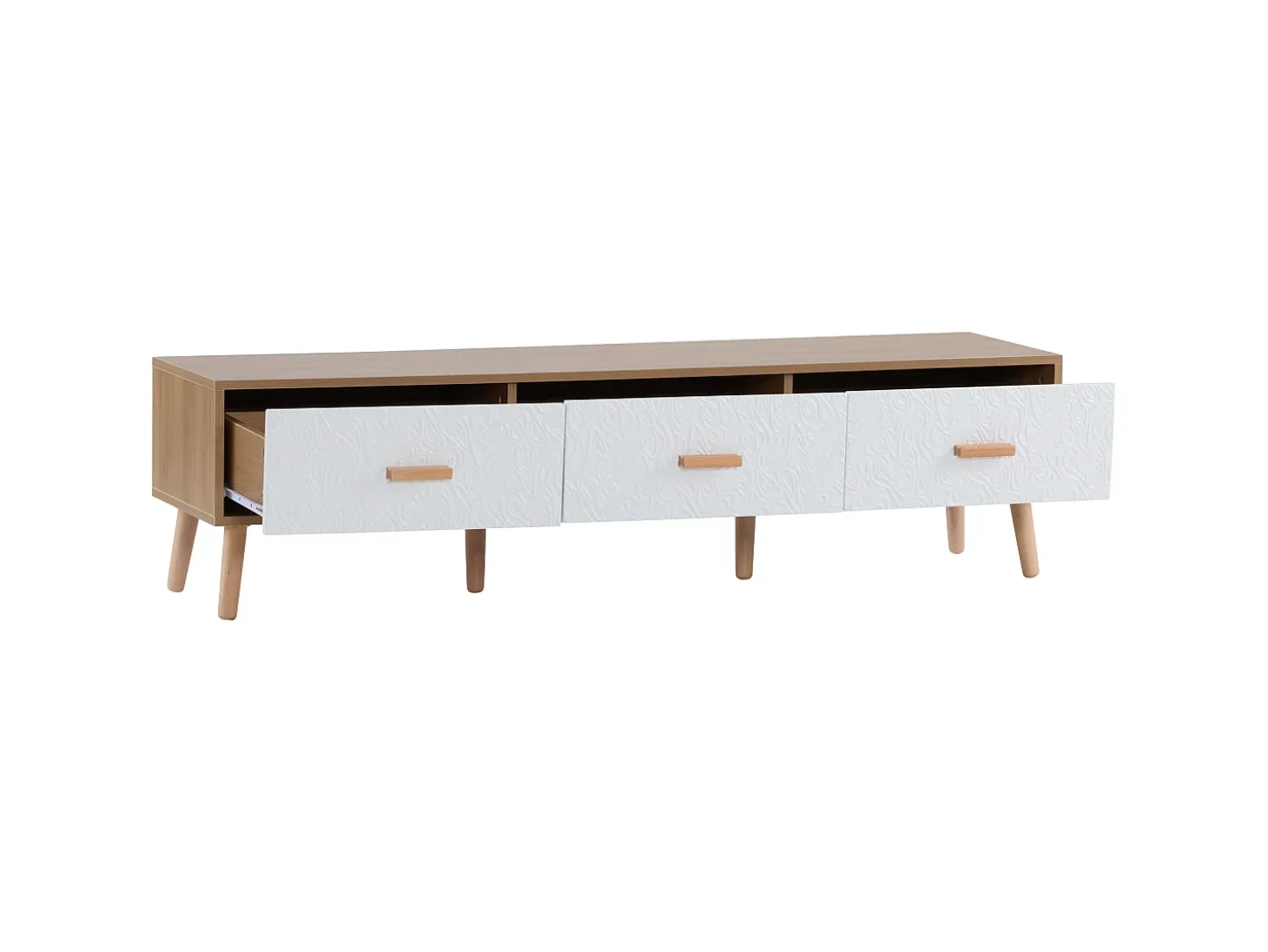 Suporte para TV com 3 gavetas - Painel da porta texturado branco - Cor natural 150x35x39cm