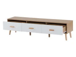 Suporte para TV com 3 gavetas - Painel da porta texturado branco - Cor natural 150x35x39cm