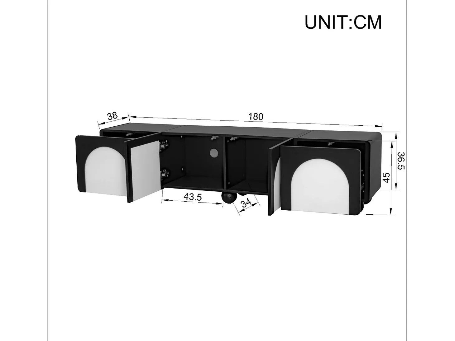 Suporte para TV com 2 portas e 2 gavetas - Design preto e branco 180 x 38 x 45 cm