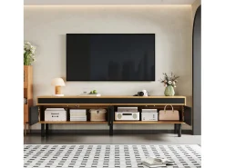 Suporte para TV com 4 portas e pés de madeira maciça, ideal para sala de estar e quarto, 170x38x47cm, nas cores preto e natural.