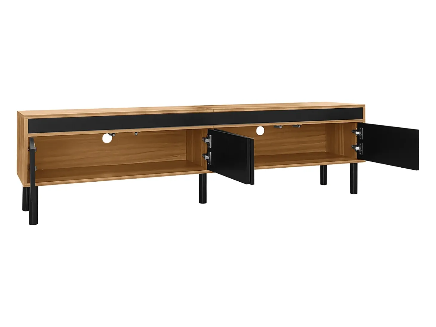 Suporte para TV com 4 portas e pés de madeira maciça, ideal para sala de estar e quarto, 170x38x47cm, nas cores preto e natural.