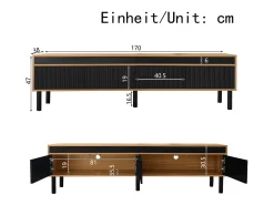 Suporte para TV com 4 portas e pés de madeira maciça, ideal para sala de estar e quarto, 170x38x47cm, nas cores preto e natural.