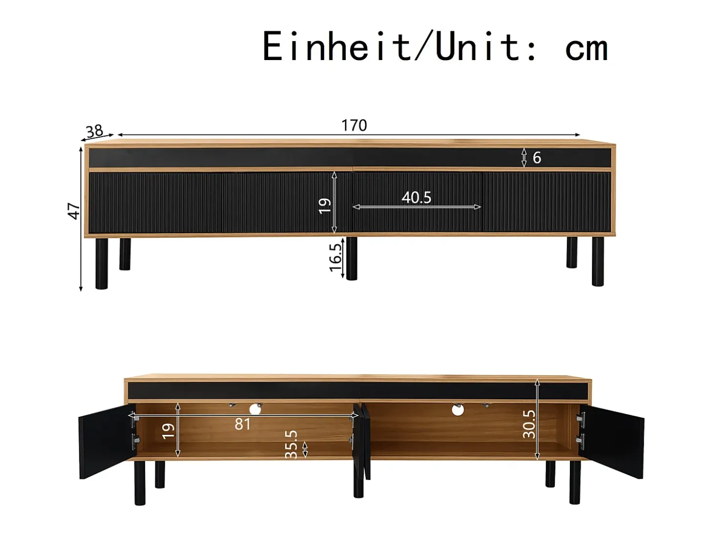 Suporte para TV com 4 portas e pés de madeira maciça, ideal para sala de estar e quarto, 170x38x47cm, nas cores preto e natural.
