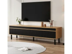 Suporte para TV com 4 portas e pés de madeira maciça, ideal para sala de estar e quarto, 170x38x47cm, nas cores preto e natural.