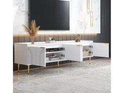 Suporte para TV com 4 portas texturadas e pés dourados - Madeira - Branco