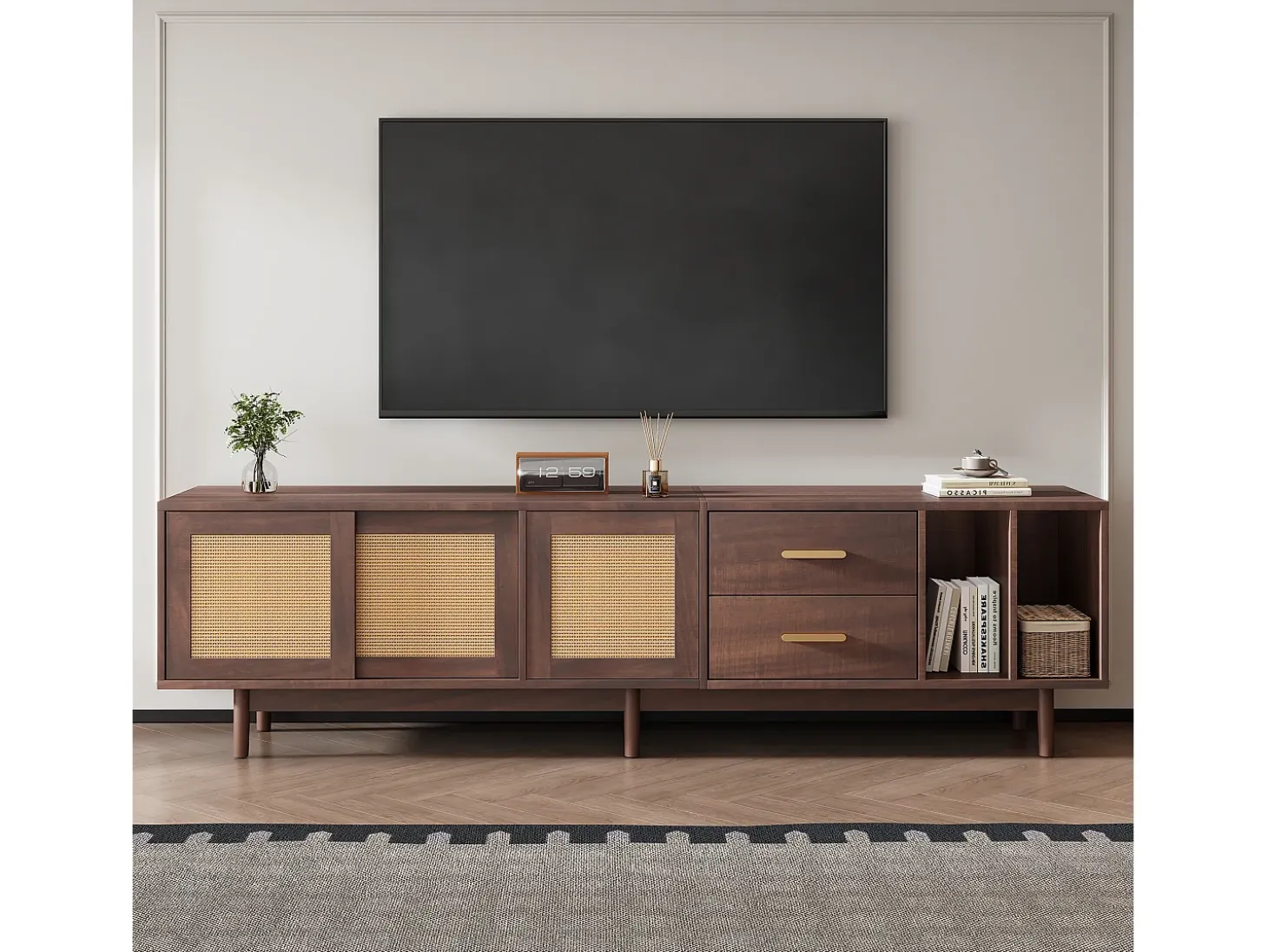 Suporte para TV com 2 portas e 2 gavetas - Suporte para TV com 2 espaços de arrumação abertos - Castanho - para sala de estar