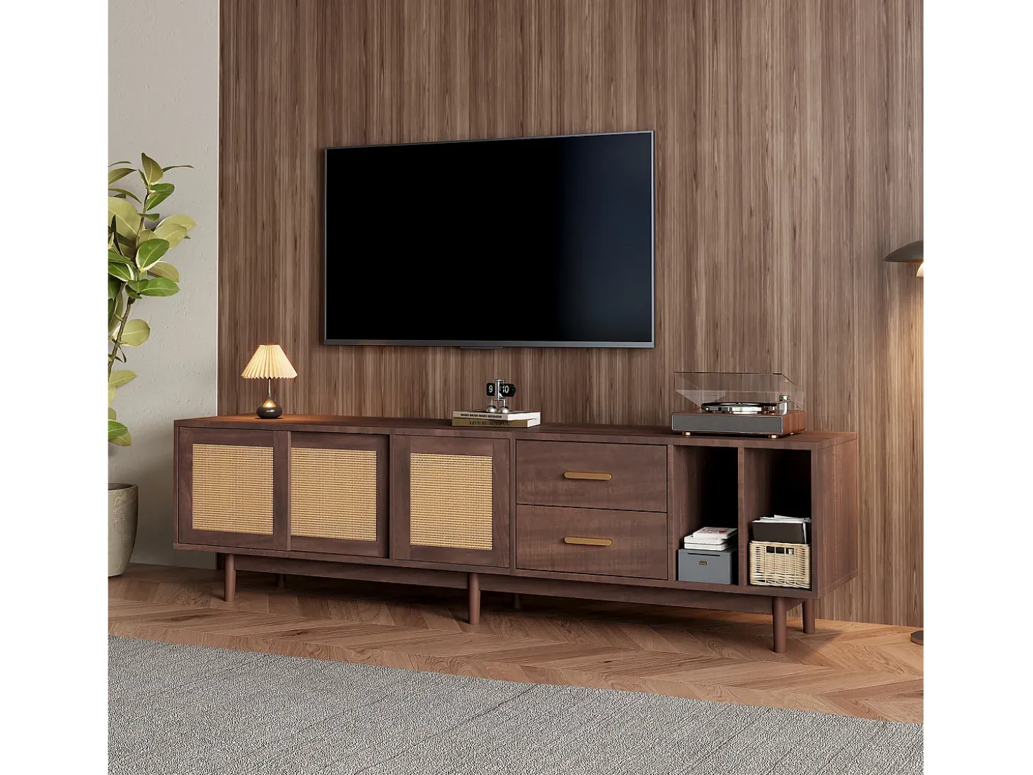 Suporte para TV com 2 portas e 2 gavetas - Suporte para TV com 2 espaços de arrumação abertos - Castanho - para sala de estar