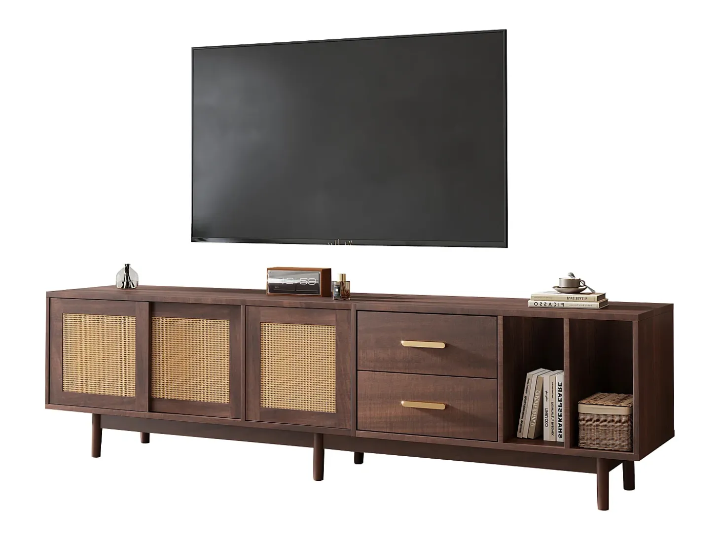 Suporte para TV com 2 portas e 2 gavetas - Suporte para TV com 2 espaços de arrumação abertos - Castanho - para sala de estar