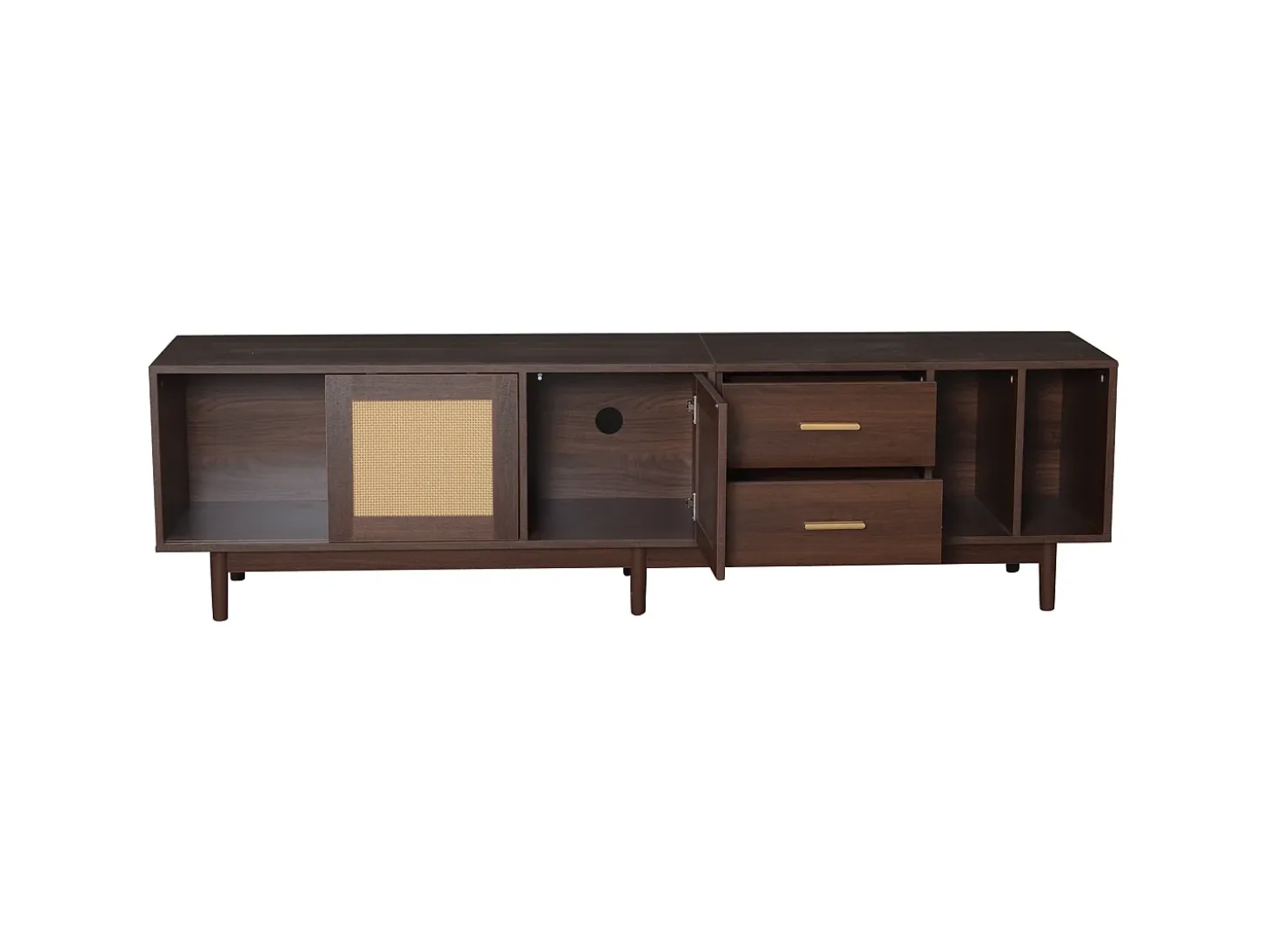 Suporte para TV com 2 portas e 2 gavetas - Suporte para TV com 2 espaços de arrumação abertos - Castanho - para sala de estar