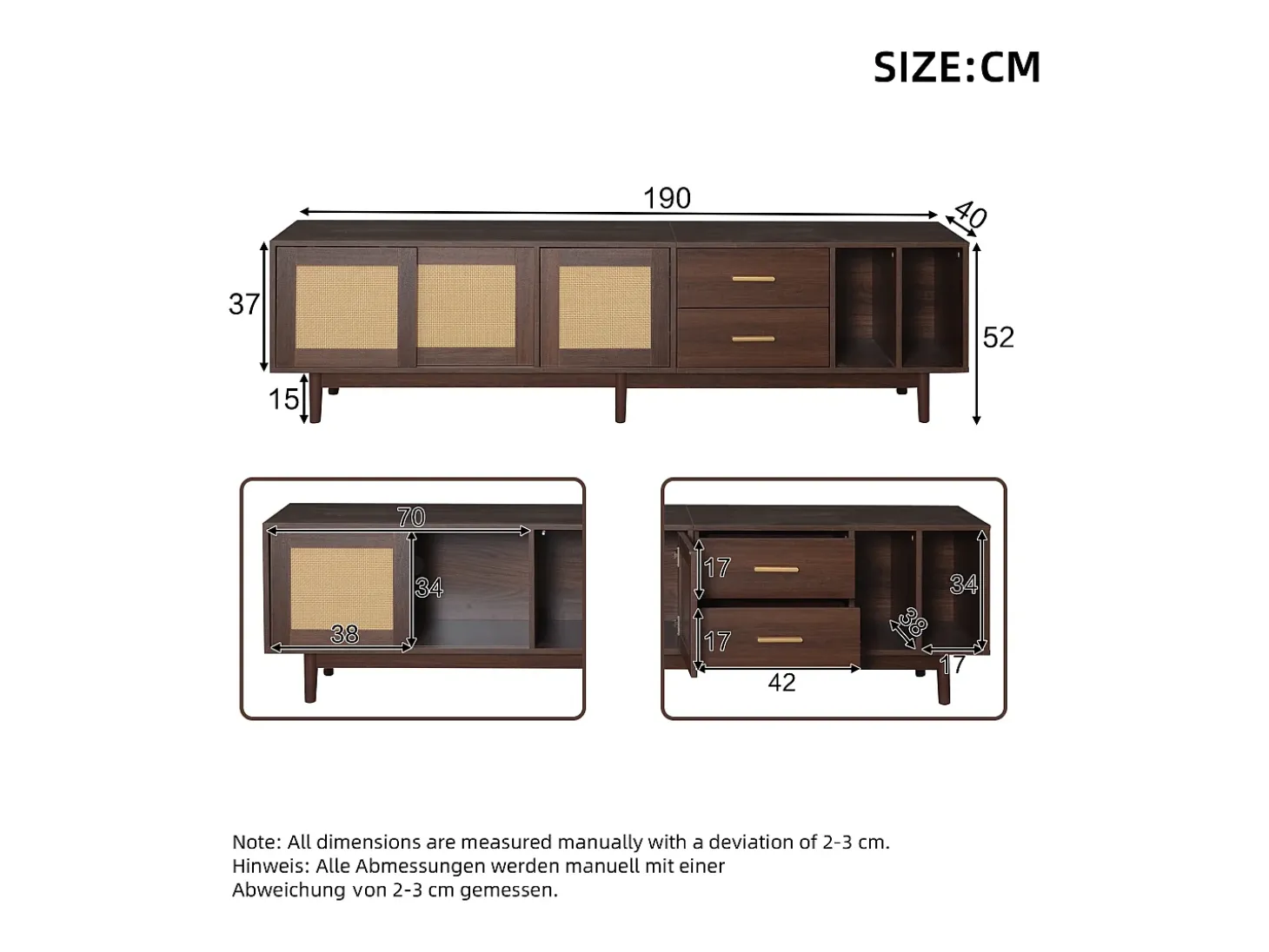 Suporte para TV com 2 portas e 2 gavetas - Suporte para TV com 2 espaços de arrumação abertos - Castanho - para sala de estar