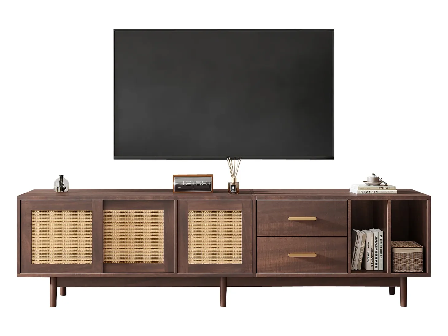 Suporte para TV com 2 portas e 2 gavetas - Suporte para TV com 2 espaços de arrumação abertos - Castanho - para sala de estar