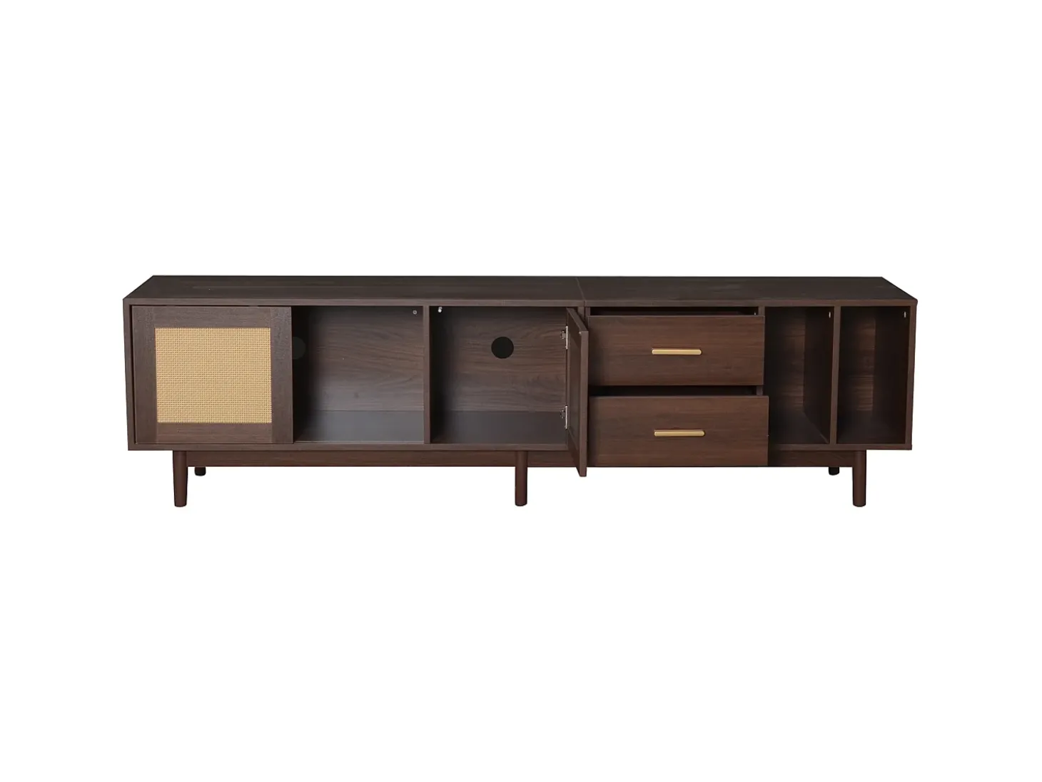 Suporte para TV com 2 portas e 2 gavetas - Suporte para TV com 2 espaços de arrumação abertos - Castanho - para sala de estar