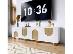 Suporte para TV com 4 portas - 175 x 38 x 50 cm - design exclusivo - aparência de madeira envelhecida - MDF - branco + natural