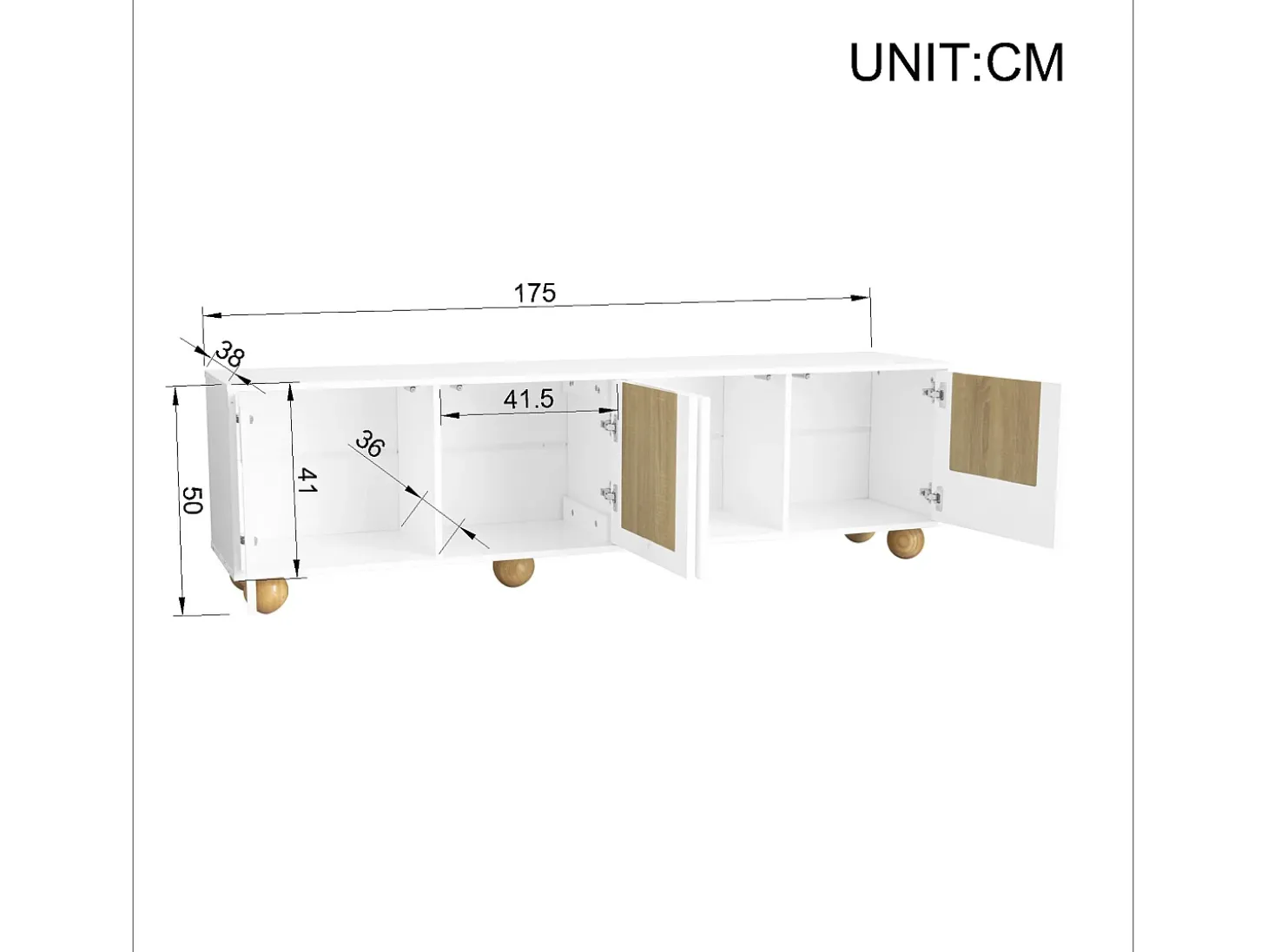 Suporte para TV com 4 portas - Pés redondos em madeira - Acabamento em madeira vintage - Branco