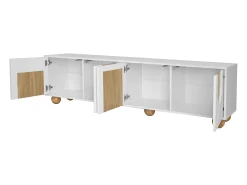 Suporte para TV com 4 portas - Pés redondos em madeira - Acabamento em madeira vintage - Branco