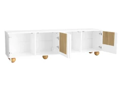Suporte para TV com 4 portas - Pés redondos em madeira - Acabamento em madeira vintage - Branco