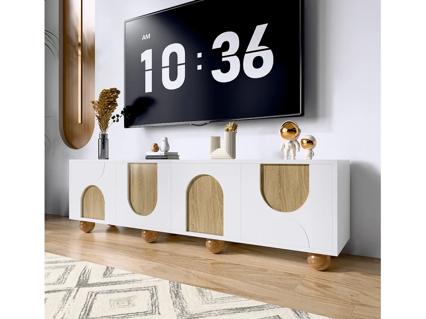 Suporte para TV com 4 portas - Pés redondos em madeira - Acabamento em madeira vintage - Branco