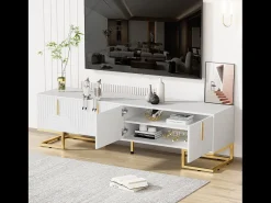 Suporte para TV com 4 portas, pés dourados - Porta texturada - Branco