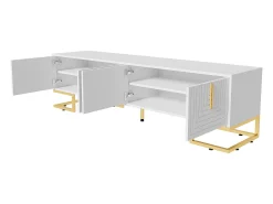 Suporte para TV com 4 portas, pés dourados - Porta texturada - Branco